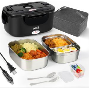 IXIIE Electric Lunch Box 80W Food Warmer for Work, 12V/24V/110V Portable Lunch Warmer for Adults with 2-Pack Stainless Steel Containers, Heated Lunch Box for Car/Truck/Office/Outdoors (Black+Black) (1.5L Dual Interior Black)