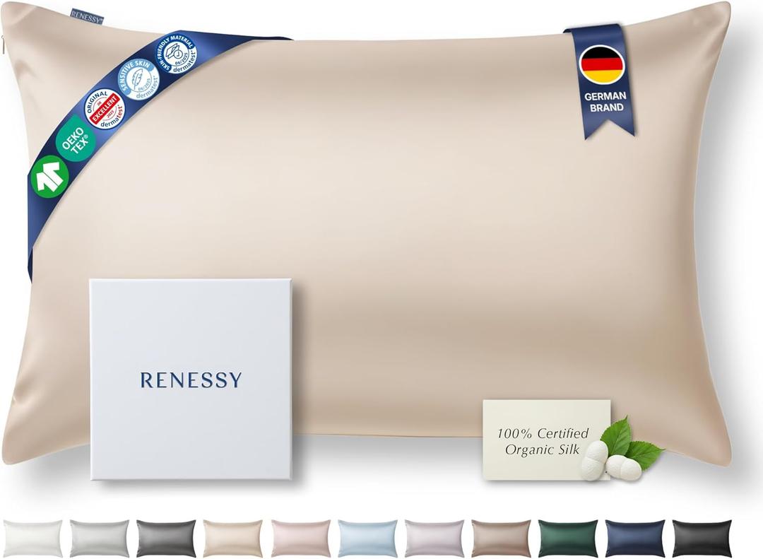 RENESSY Premium Silk Pillowcase 100% Organic Mulberry Silk, 22 Momme, Grade 6A - Oeko-Tex Certified in Germany - Luxury for Hair & Skin, 2 Pcs (Standard Size 20x26 Inches, Champagne)