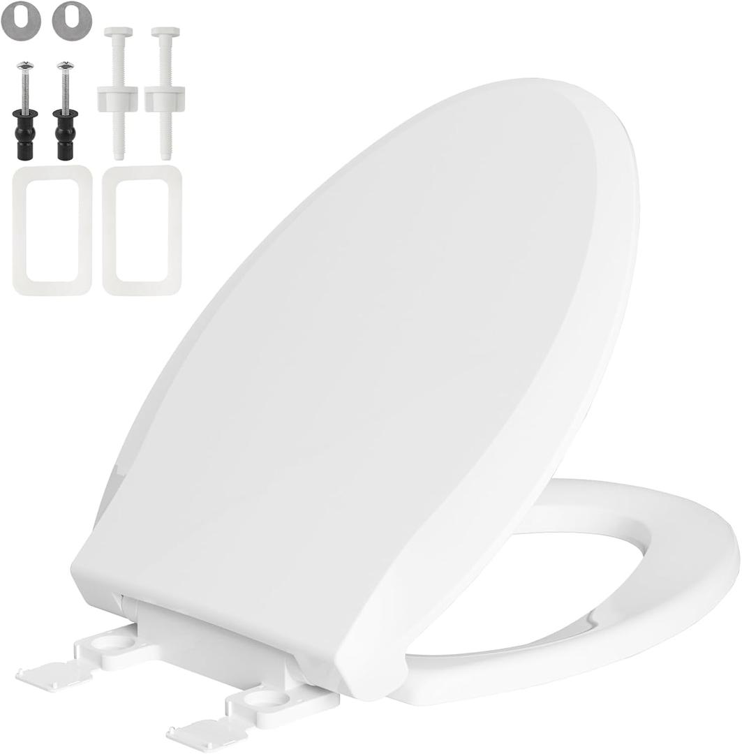 Toilet Seat Elongated with Slow Close Hinges, Universal Oval Fit, White