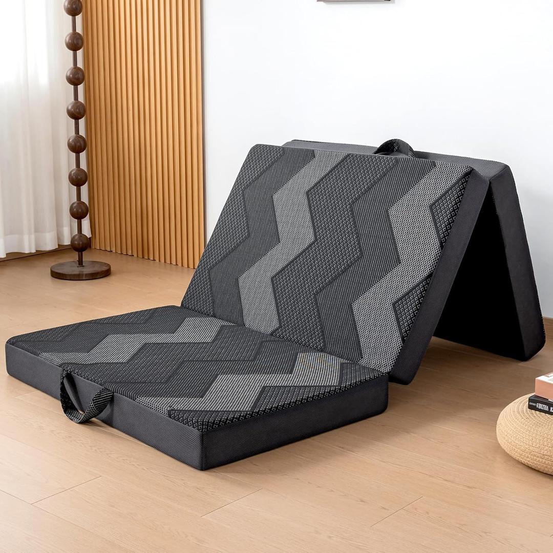 INGEROOM Foldable Mattress Single - Memory Foam 4 inch Trifold Mattress for Camping, with Portable Handle, Non-Slip Folding Floor Bed Sofa for Guest Travel Yoga, Washable Breathable Cover, Black 75"L x 25"W x 4"Th