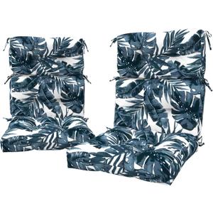 LVTXIII 2 Pack Outdoor High Back Cushions, 22" W x 20" D Tufted Seat and Back Chair Cushion with Ties, Fluffy Patio Replacement Rocking Chair Cushion for Outdoor Furniture Use, Palm Blue, 44"x22"x4"