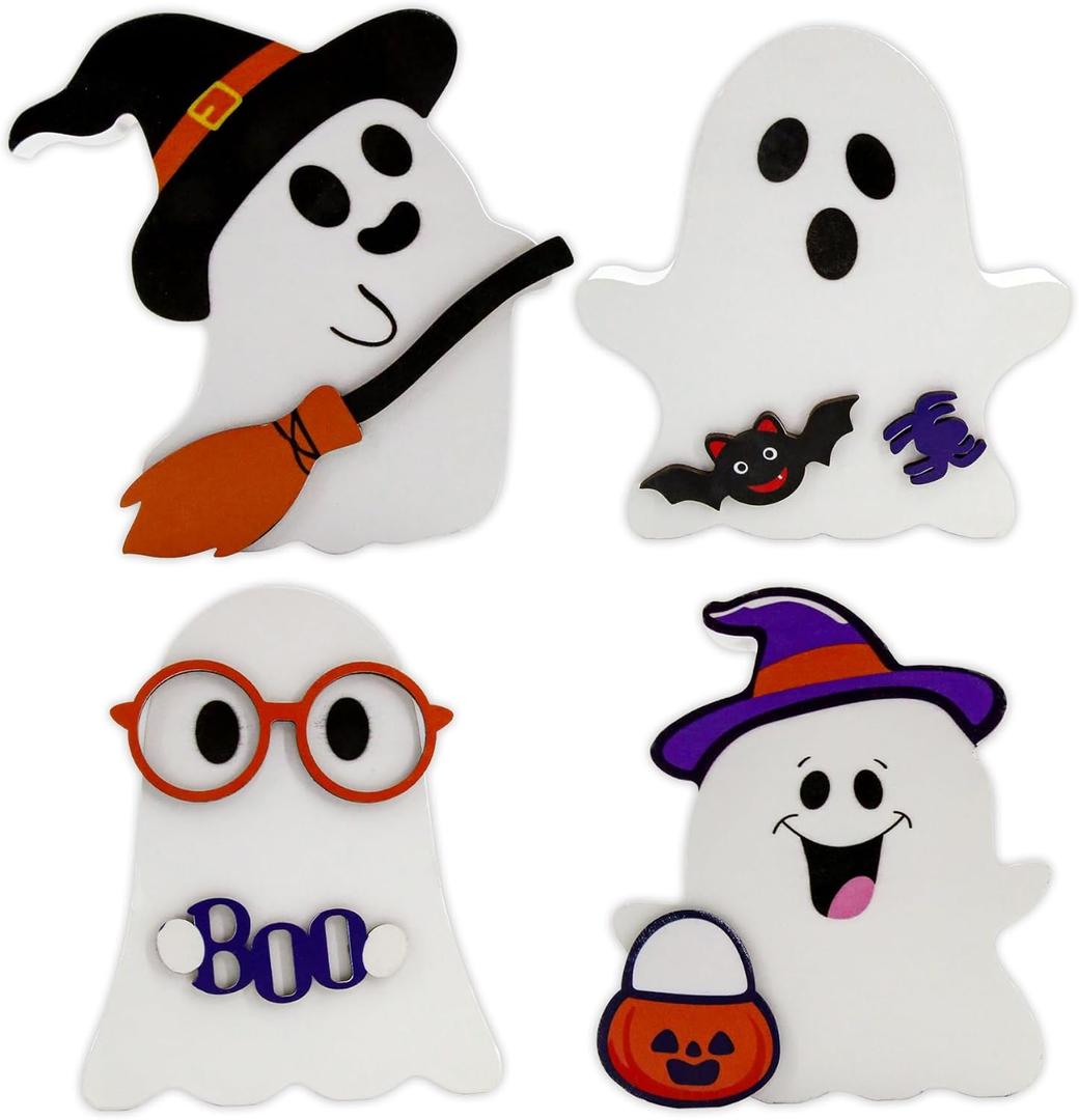 Cute Halloween Decorations Indoor - Ghost Decor, 4 PCS Wooden Ghost Halloween Signs for Table, Office Desk, Fireplace Mantle