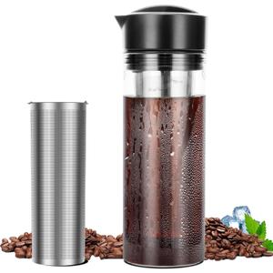 25oz Cold Brew Coffee Maker 4 Cup Capacity Tea Maker, Iced Coffee Pot, Cold Heat Resistant Borosilicate Glass Carafe, Stainless Steel Mesh Filter Basket and Black Freshness Lid