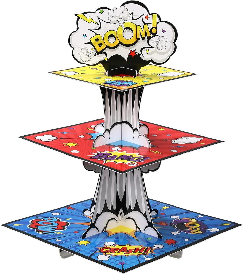 Zopeal 1 Pcs 3 Tiers Hero Cupcake Stand Hero Theme Party Supplies Action Cupcake Holder Themed Treat Stand Tower for Boys Girls Comic Book Birthday Decorations