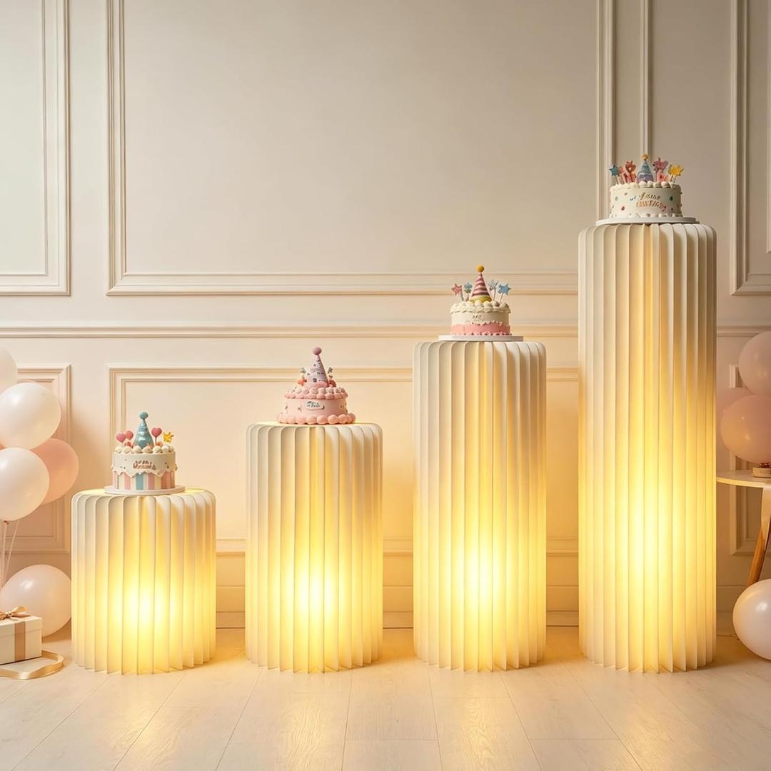 Jueraori Cylinder Stands for Party, 4 Pack Lighted Display Pedestal Stand
Foldable Cardboard Columns Tables, Cream White Cake Stands for Party Birthday Wedding Decorative