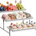 3-Tier Melamine Serving Tray Set, 14"x7" Platters for Serving Food, White Reusable Trays with Black Metal Display Stand for Cupcakes, Serving Food, Dessert, Fruit, Cookie, Black