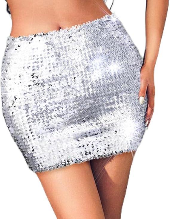 GRAEEN Sequin Skirt Sparkly Silver Mini Skirts for Women