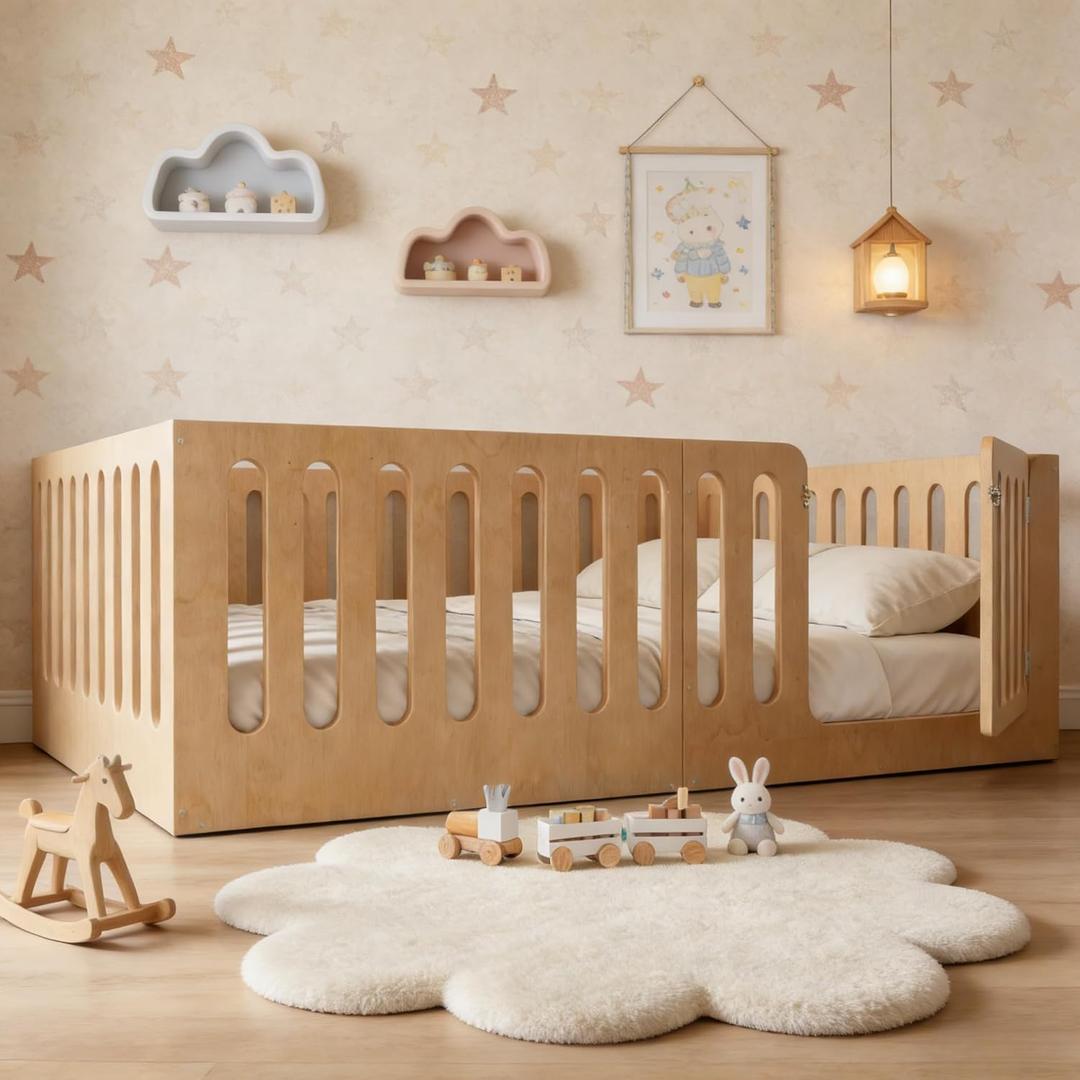 Full Floor Bed with Full-upgraded Guardrails, Solid Wood Kids Floor Bed with Safety Door, Low-profile Montessori Floor Bed Frame for Kids, Boys, Girls, No Box Spring Needed & Childlike Design, Nature (Pure Wood Natural)