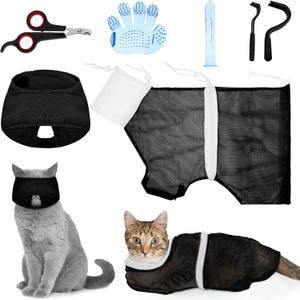 Patelai Set of 5 Cat Bathing Bag Set Cat Grooming Bag Adjustable Pet Shower Net Muzzles Nail Clipper Tick Remover Tool Massage Brush(Black White)
