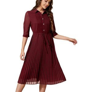 Women V Neck 3/4 Sleeve Pleated A-Line Dress with Belt Swing Midi Dresses for Spring Summer Autumn (L)
