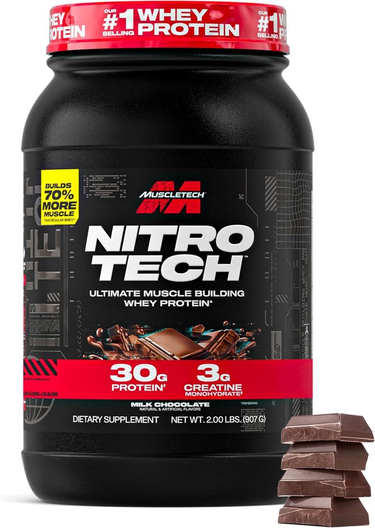 Muscletech Whey Protein Powder (Milk Chocolate, 2 Pound) - Nitro-Tech Ultimate Muscle Building Formula with Whey Protein Isolate - 30g of Protein, 3g of Creatine & 6.8g of BCAA - Packaging May Vary, 17 May 2028
