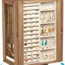 Emfogo 360 Rotating Jewelry Box for Women, Rustic Wooden Jewelry Organizer Box with 5 Drawers, Glass Doors, Vertical Open Design Jewelry Storage Case Display for Earrings Rings Necklaces Bracelets