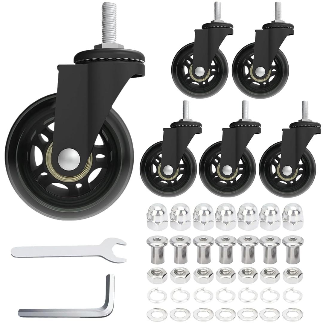 Creeper Caster Wheels Set of 6, Roller Blade Rubber Heavy-Duty 2.5 Inch Castor Replacement, 360 Degree No Noise Wheel for Mechanic Stool, Rolling Creeper Garage Seat