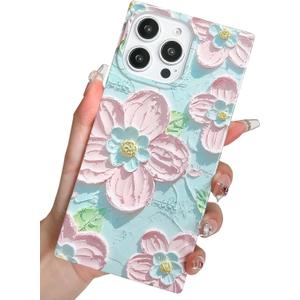 KERZZIL Elegent Girly 3D Flower Compatible with iPhone 14 Pro Rectangle Edge Case, Cute Floral Pattern Slim Soft TPU Protective Bumper Cases Cover(Blue,14 Pro)