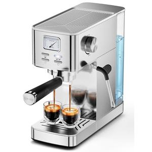 Espresso Machine 20 Bar, Compact Espresso Maker with Milk Frother, Visual Pressure Gauge, Commercial Coffee Machine with 47oz Removable Water Tank and Capsule Funnel, for Cappuccino, Latte