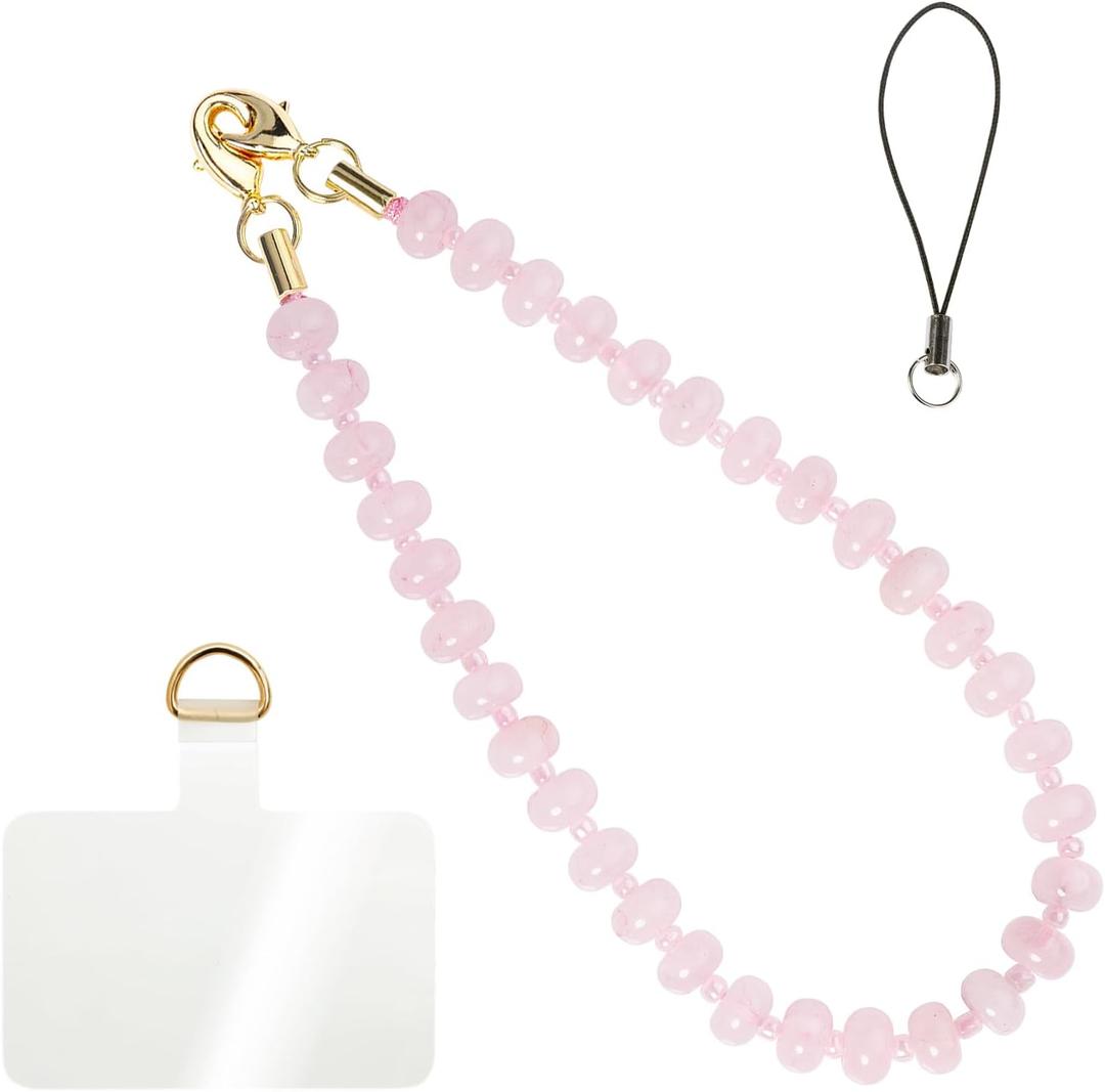 Handmade Natural Gemstone Gold Beaded Charm Cell Phone Camera Lanyard, Wrist Strap, Phone Chain String, Keychain Decor for Wallet, Stanley Cup Accessories (Rose Quartz)