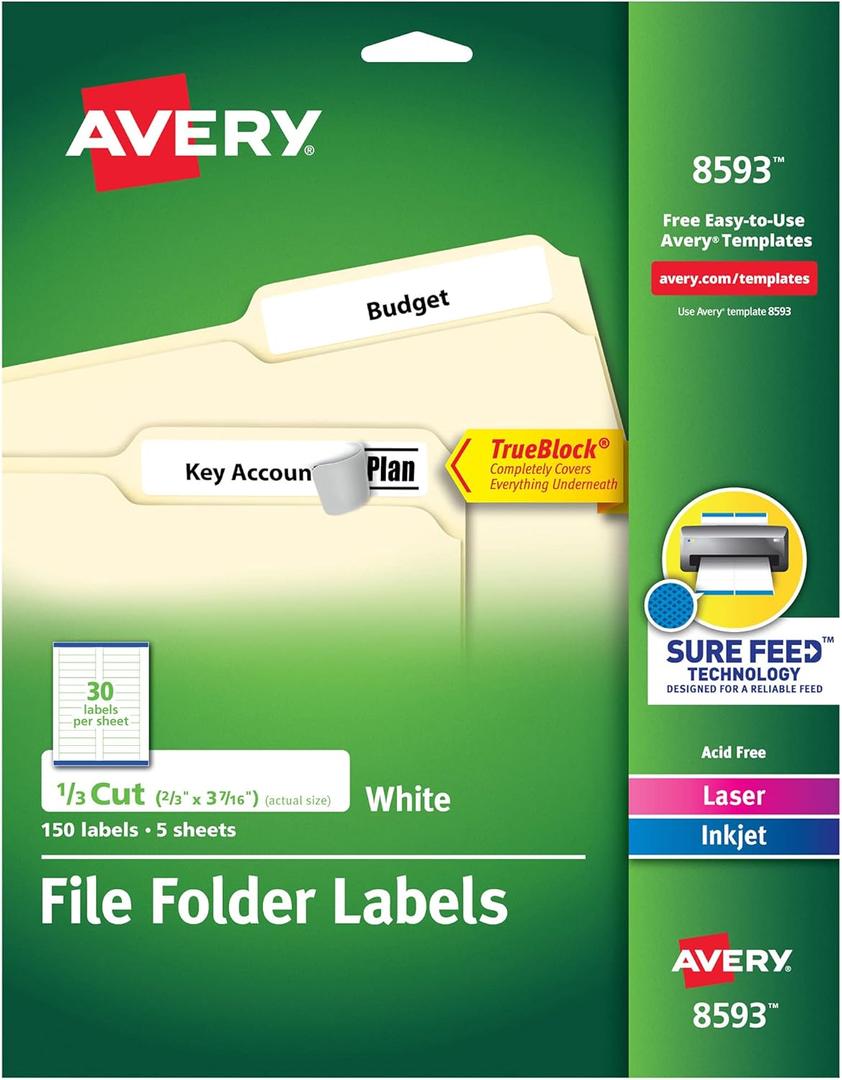Avery File Folder Labels with TrueBlock Technology, Permanent Adhesive, 2/3" x 3-7/16", Laser/Inkjet, 4-Pack, 150 Labels Total (08593)