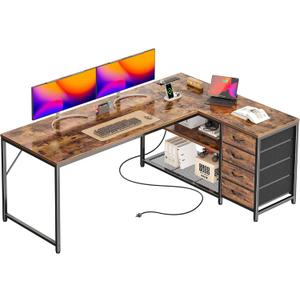 PRAISUN 61" L Shaped Desk with Power Outlets and USB-C Port, Reversible Computer Corner Office Desk with 4 Fabric Drawers and 2 Height-Adjustable Shelves, Large for Gaming Writing Study, Rustic Brown