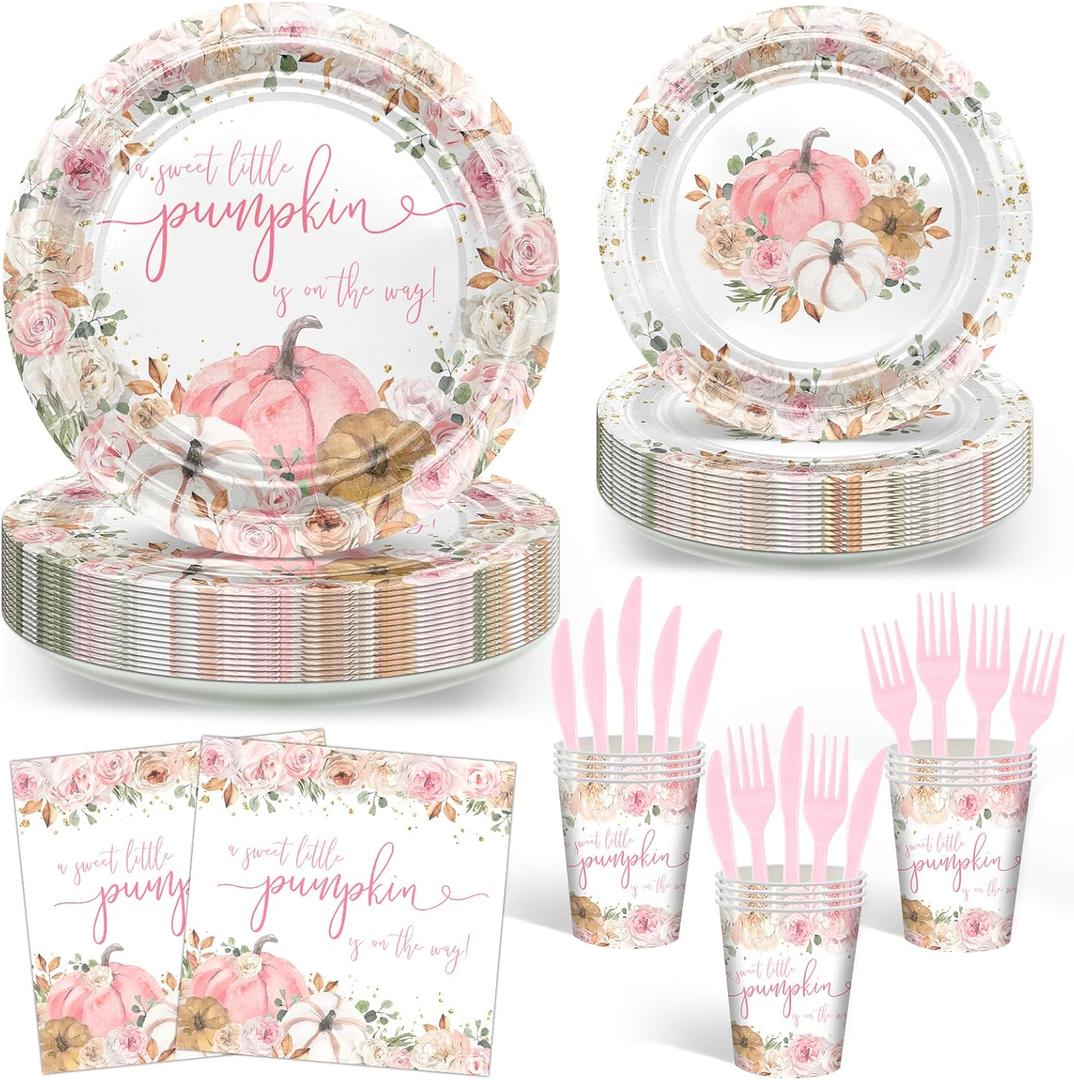 Avezano 144 pcs Fall Baby Shower Decorations for Girl Plates and Napkins Disposable Tableware Set Pink Pumpkin Baby Shower Decorations, Serves 24