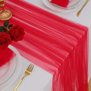 Snowkingdom Red Easter Spring Table Runner, 120 inch Sheer Red Tulle Fabric Runner, Boho Rustic Cheesecloth Gauze 10FT Long Table Runner for Wedding Birthday Party Bridal Shower Valentines Decoration