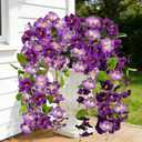 Artificial Hanging Flowers for Outdoors Decoration, 2 Bundles Outdoor Flowers UV Resistant Silk Morning Glory Fake Flowers for Front Porch Garden Window Box Outside Indoor Decor (Mixed Colors 1) (Deep Purple, Light Purple)