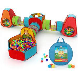Playz 7pc Kids Play Tent with 1 Big Ball Pit for Babies, 3 Play Tunnels for Toddlers, and 3 Pop Up Tents Playhouse Bundle, Best Birthday Gift for Boys & Girls, Indoor & Outdoor Use Portable Play Center