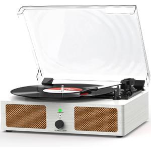 Vinyl Record Player with Built-in Speakers and USB,Belt-Driven Bluetooth Turntable with 3 Speed AUX Input Headphone Jack and RCA Output Vintage Wooden White