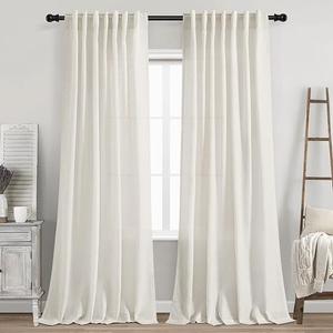 Cream Linen  Linen Textured 96 Inch Curtains 2 Panel Set Back Tab Rod Pocket 2 Panel Set Neutral Modern Farmhouse Window Privacy Semi Sheer Linen Drapes Rustic Pinch Pleated Look Curtain Natural Ivory Colored
