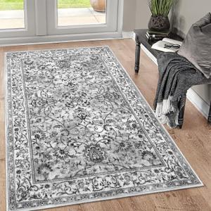 KILOCOCO Area Rug 3x5 Entry Rug Washable Rugs Printed Vintage Floral Rubber Backed Non Slip Soft Indoor Kitchen Rugs for Laundry Room Playroom Moroccan Carpet, Light Gray White