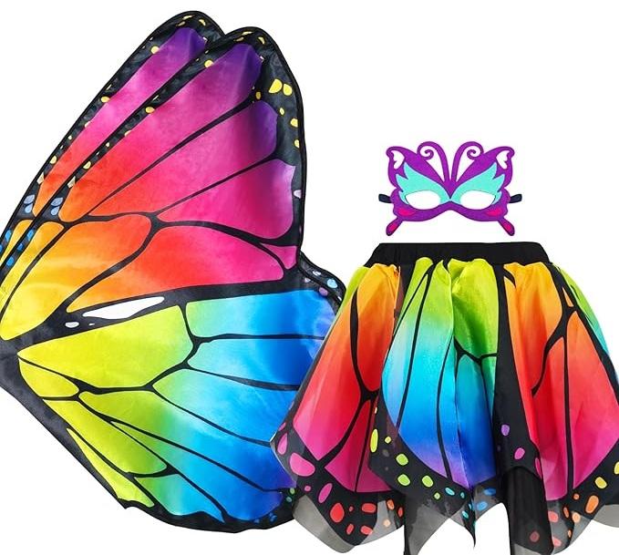 Double-Sided Fairy Butterfly Wings Costume for Girls with Rainbow Tutu, 3Pcs Princess Dress Up Clothes Halloween Gifts for 3+