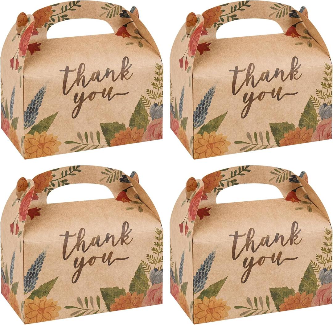 DjinnGlory 36 Pack Brown Kraft Party Favor Treat Boxes for Wedding, Bridal Shower, Annivesary, Christmas and all Occasion, Floral Thank You Gable Boxes for Small Business 6.18x3.58x3.39 Inches