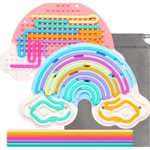 Hongvkae 2pcs Fidget Toys Sensory Activity Board, Silicone Sensory Toys for Anxiety Autistic ADHD Calming, Kids 3+ & Adults, Travel Bag & 24 Strings, Rainbow (Pink & Blue)