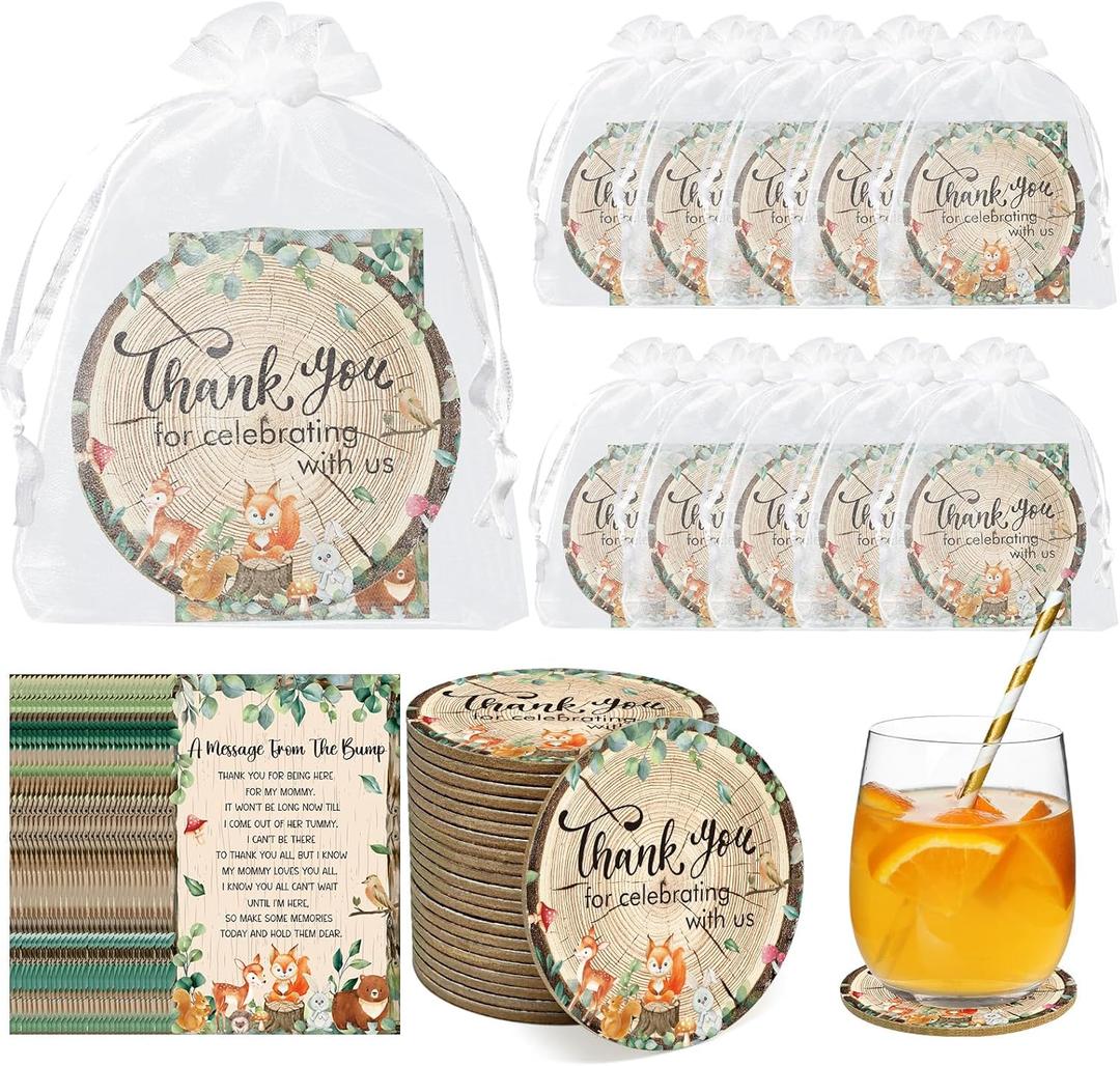 Cinrobiye 50 Set Baby Shower Favors for Guest Woodland Animal Appreciation Coaster Gifts Bulk Thank You Cards Organza Bags Guest Souvenirs Cup Holder Mat for Gender Neutral Party Table Decorations