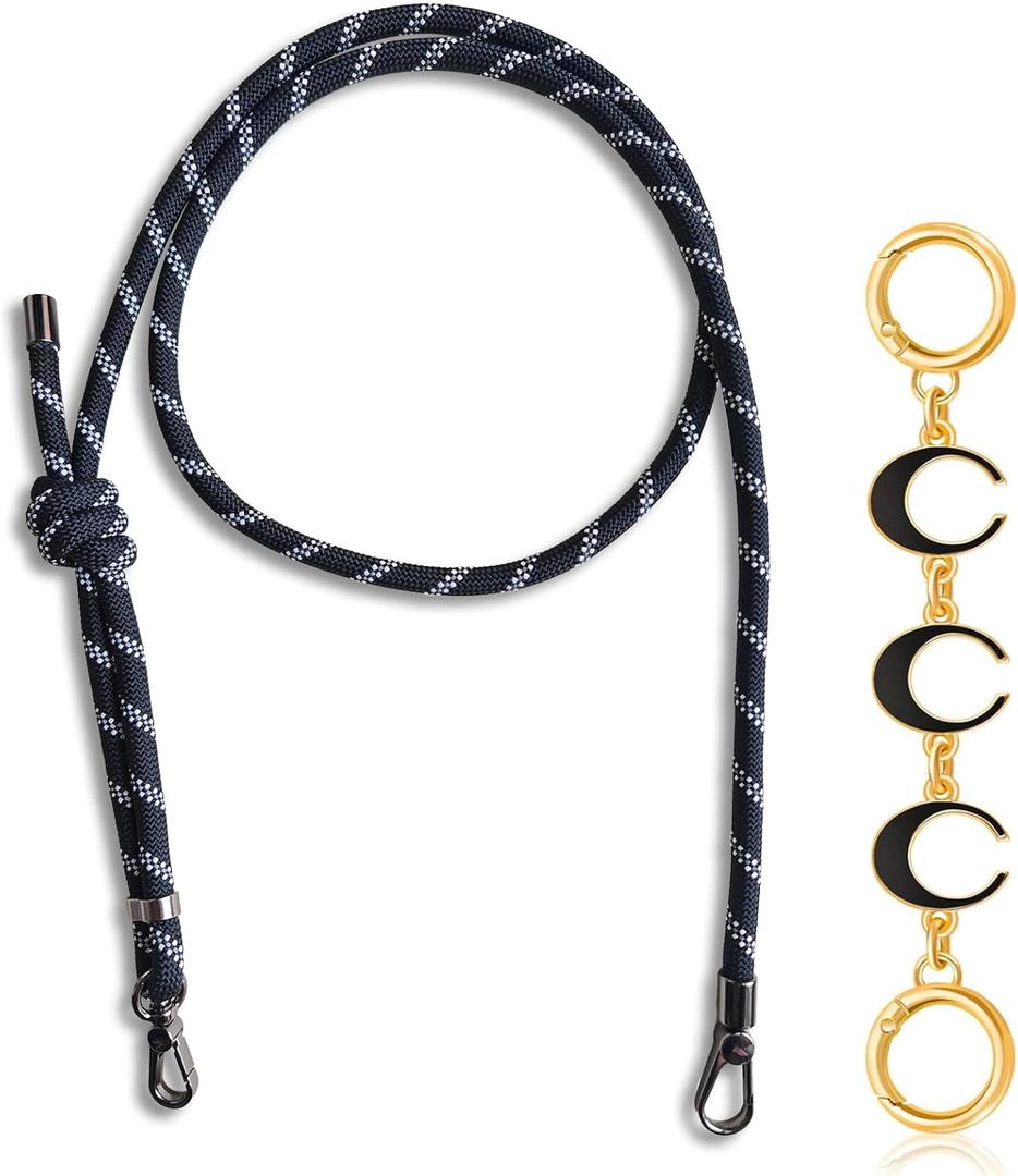 Purse Straps Replacement Crossbody, Paracord Rope Hand Woven Purse Strap with Gold Bag Extender Chain for Long Champ Mini Handbag Adjustable Bag Shoulder Strap for Women, Teens, Black