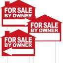3 Pieces For Sale by Owner Yard Sign with Stakes 12 x 16 Inch Double Sided Home For Sale Signs Corrugated Plastic Open House Signs with Directional Arrows for Home House Real Estate (Red)