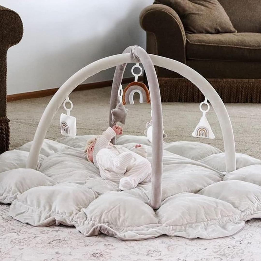 5-in-1 Thick & Plush Baby Play Gym, Baby Play Mats for Floor, Tummy Time Mat with 6 Toys, Cat Bed, Dog Bed, Convertible Stage-Based Developmental from Baby to Toddler, Ball Pit, Pet Cushion Cloudico (Grey)