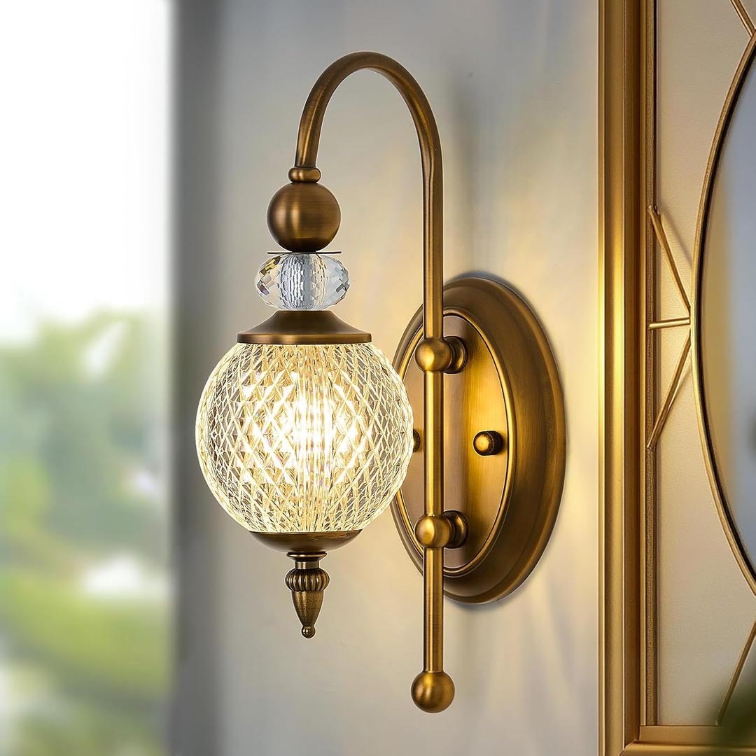 Vintage Gold Wall Sconce with Acrylic Globe Shade Brushed Brass G9 Bulb Vanity Light Indoor Wall Light for Bathroom Bedroom Hallway Living Room