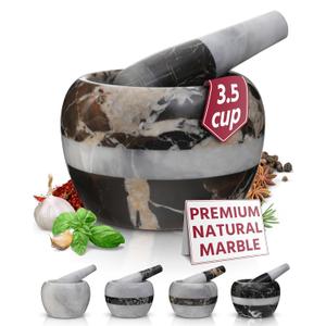 Gusto Nostro Natural Marble Mortar and Pestle Set | 6 Inch - 3.5 Cup Extra Large Mortar Pestle Set for Grinding Herbs, Nuts, Grains | Pesto Grinding and Guacamole Stone Bowl | Marble Spice Crusher (Black & Gold with White Stripe)
