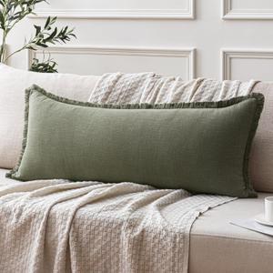 ANRODUO Set of 1 Decorative Throw Pillow Covers 14×36 Inch Soft Linen Fringe Long Farmhouse Boho Vintage Cushion Covers with Tassels Lumbar Pillowcase for Bed Couch Sofa Living Room Decor Olive Green