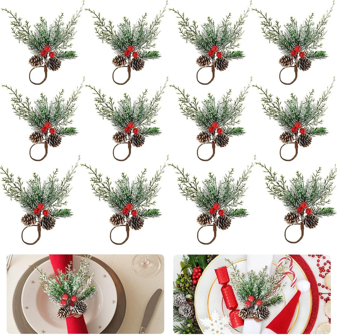 FRAMICS 12 Pieces Christmas Napkin Rings, Snowy Pine Cone Napkin Ring with Red Berry, Berry Napkin Holder Buckle for for Christmas Wedding Dinner Table Gathering Decor (Set of 12)