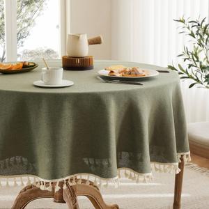 Linen Tablecloth with Tassels, Farmhouse Style GreenTablecloth, Water Resistant Burlap Tablecloths for Round Table, 52 Inch Round Olive