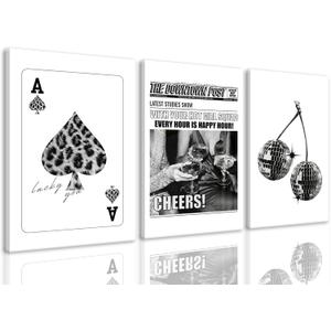 BingruiArt Trendy Black and White Wall Art Funky Bar Cart Canvas Set of 3 Fashion Posters Girly Vintage Aesthetic Print Ace Poker Card Decor Disco Ball Picture For Game Room Dorm Bar 12"x16" Framed