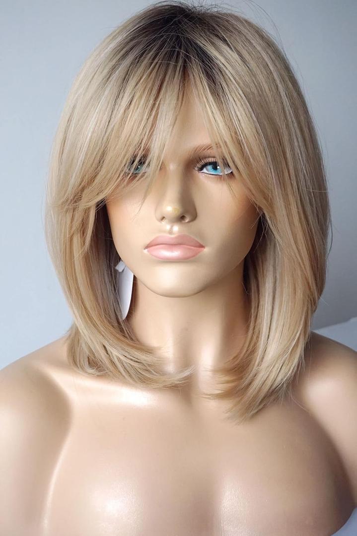 Wigs for white women blonde bob wig medium length wigs for women persma skin part blonde with dark roots Synthetic wig for white Women (Blobde mixed highlight)