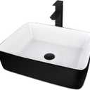 Ceramic Bathroom Sink, Black and White 19" x 15" Above Counter Porcelain Vessel Sink with Black Faucet and Pop up drain Set, Rectangle