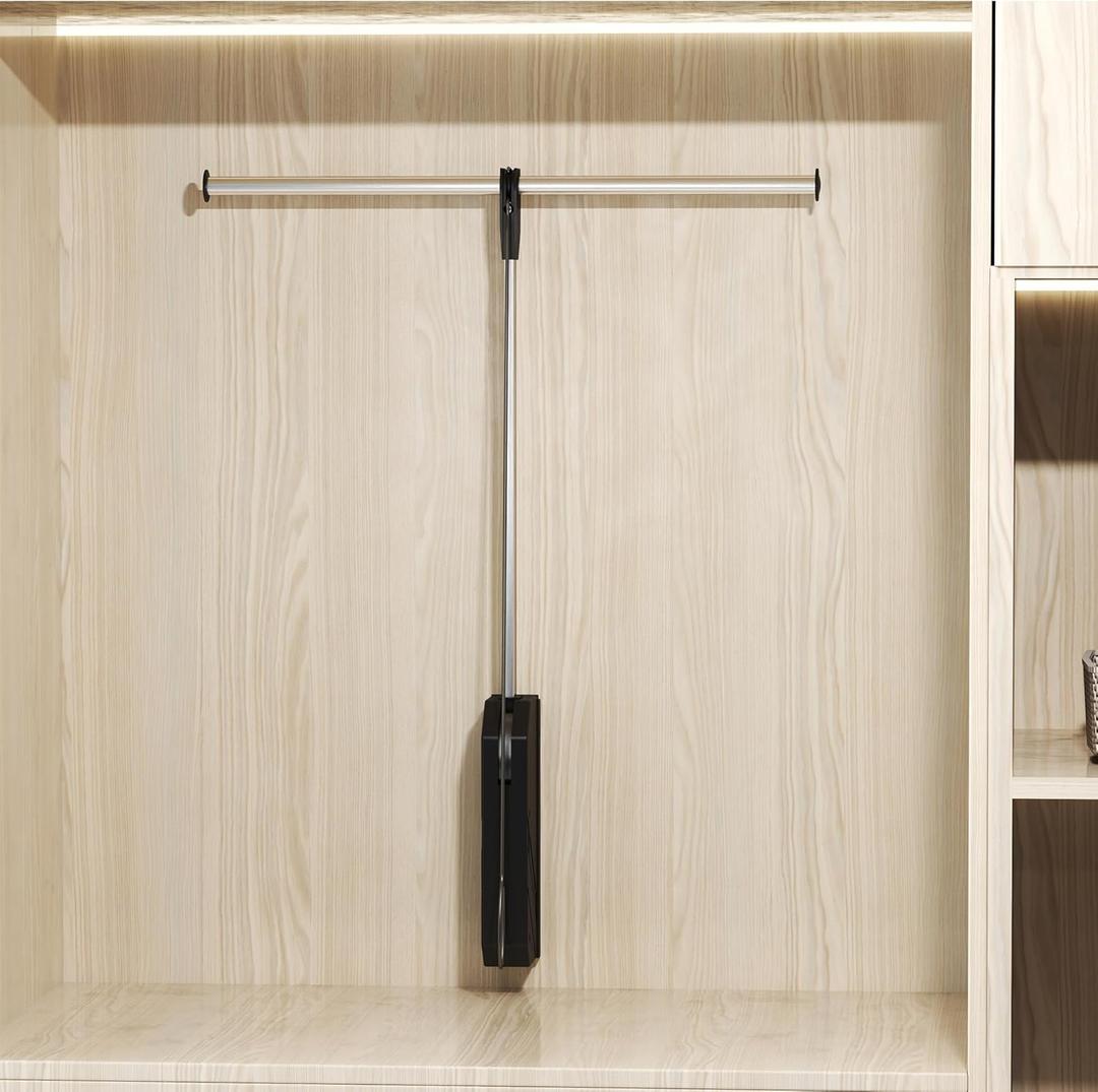 Pull Down Closet Rod 26 Inch - Heavy-Duty Wall Mounted Hanging Bar with Floating Shelves, Back Mounted Wardrobe Organizer for Bedroom, Dorm, Small Spaces (Max 26lbs Capacity)