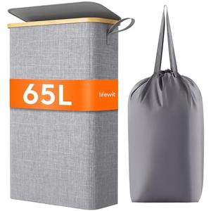 Lifewit 65L Slim Laundry Hamper with Lid, Narrow Laundry Basket with Removable Bag & Bamboo Handles, Fodable Thin Dirty Clothes Hamper for Laundry Collapsible Bin for Bathroom Bedroom Dorm, Gray