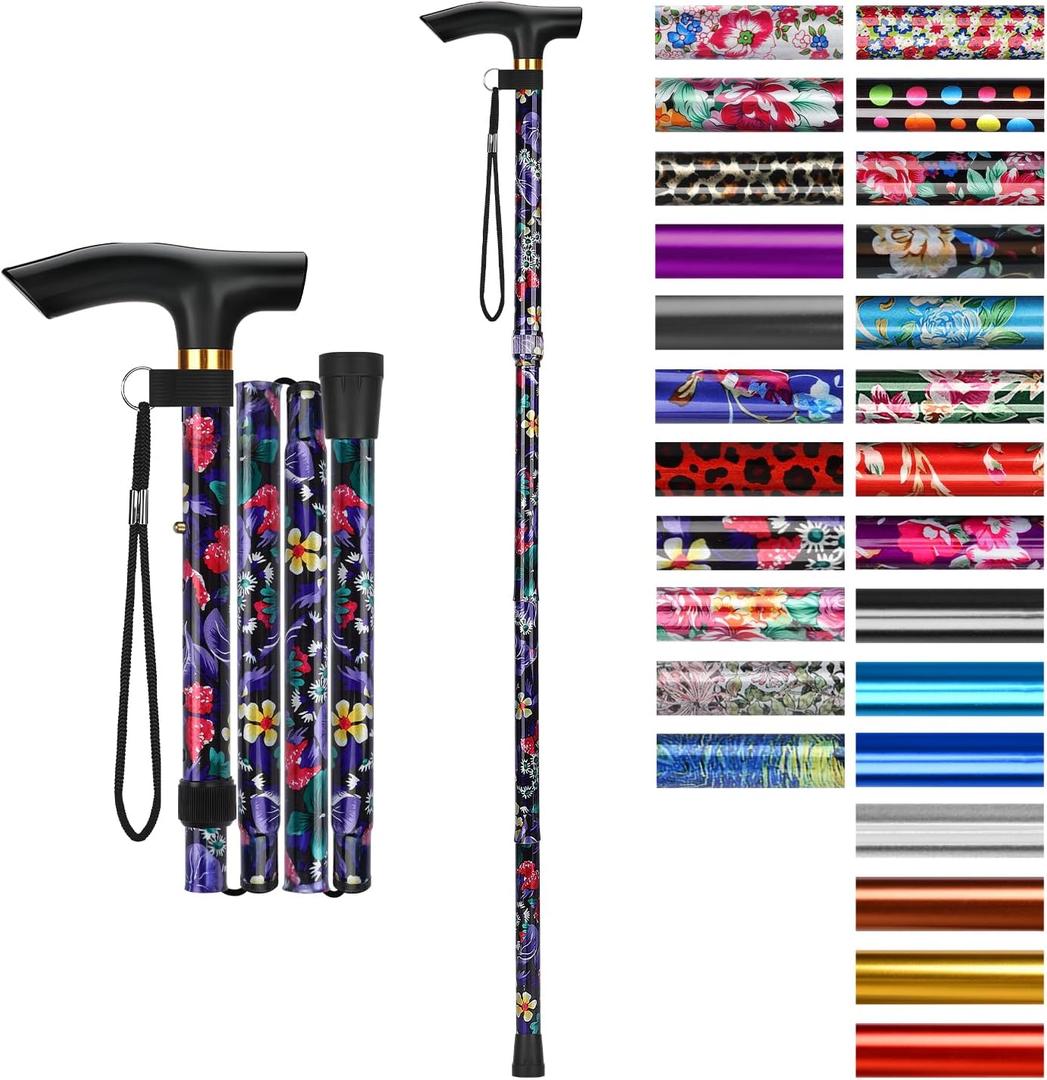 supregear Folding Cane, 5-Level Adjustable Height Walking Stick Lightweight Collapsible Portable Travel Cane with Wrist Strap and T Handle for Elderly Disabled Men Women