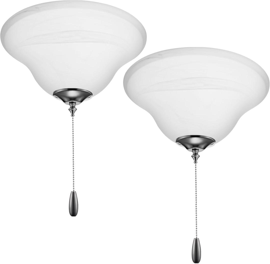Baquler 2 Pcs Light Ceiling Fan Lamp Kit with Finials & Brushed Nickel, 12 Inch Replacement Alabaster Glass Shade Ceiling Fan Classic Transitional Alabaster Glass Lamp Shade, Bulbs Not Included