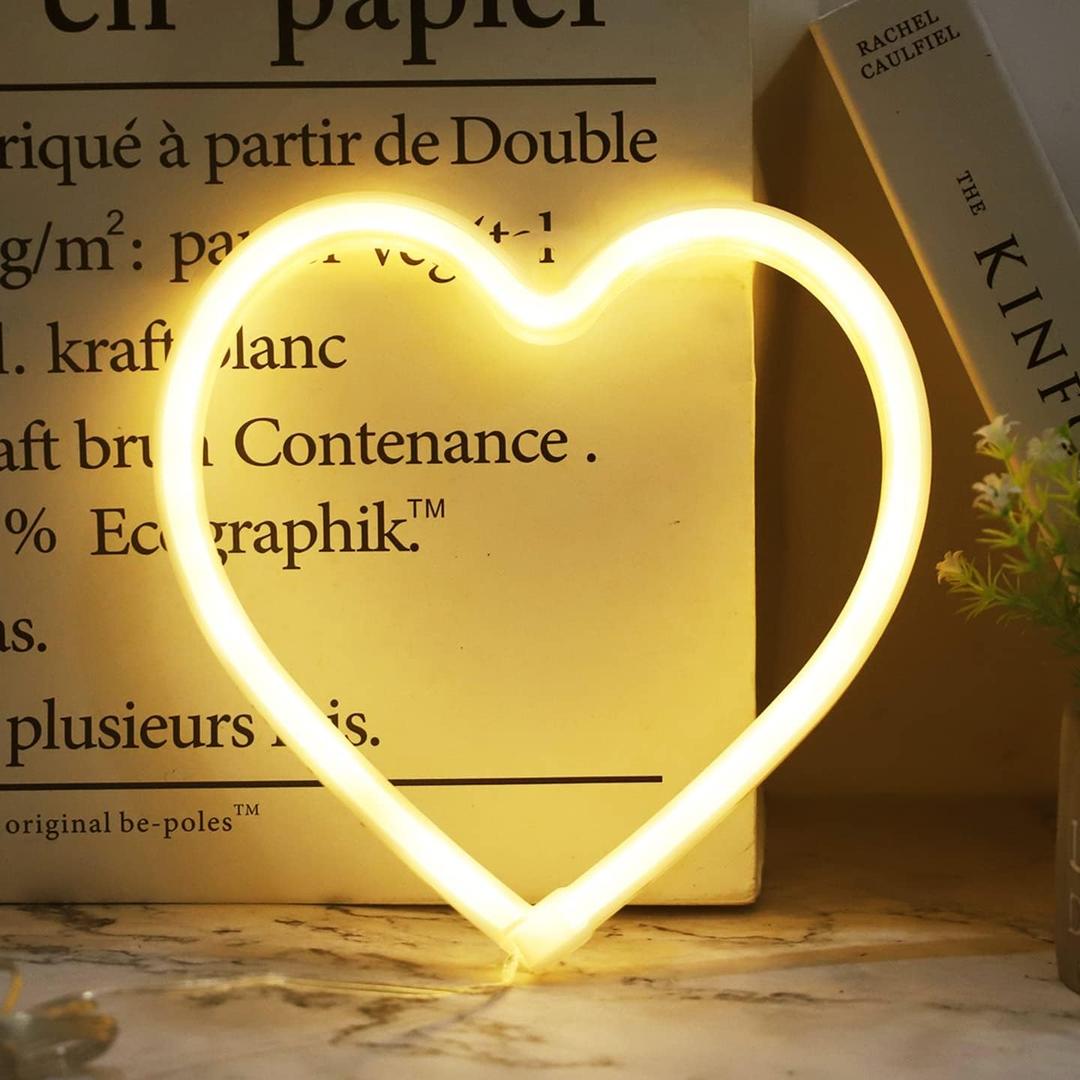 Heart Neon Lights Christmas Decorations, Love Shaped Lamp USB/Battery Operated Night Lights for Gift, Bedroom, Wall, Festival, Party, Valentines Day Decor-Heart(Warm White)