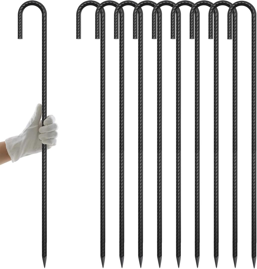 AAGUT Rebar Stakes 36 Inch J Hook Heavy Duty 10 Pack, 1/2 Inch Extra Long Tent Stakes with Chisel Point End, Black Coated Metal Ground Anchors for Garden, Chain Link Fence, Greenhouse, Sculpture